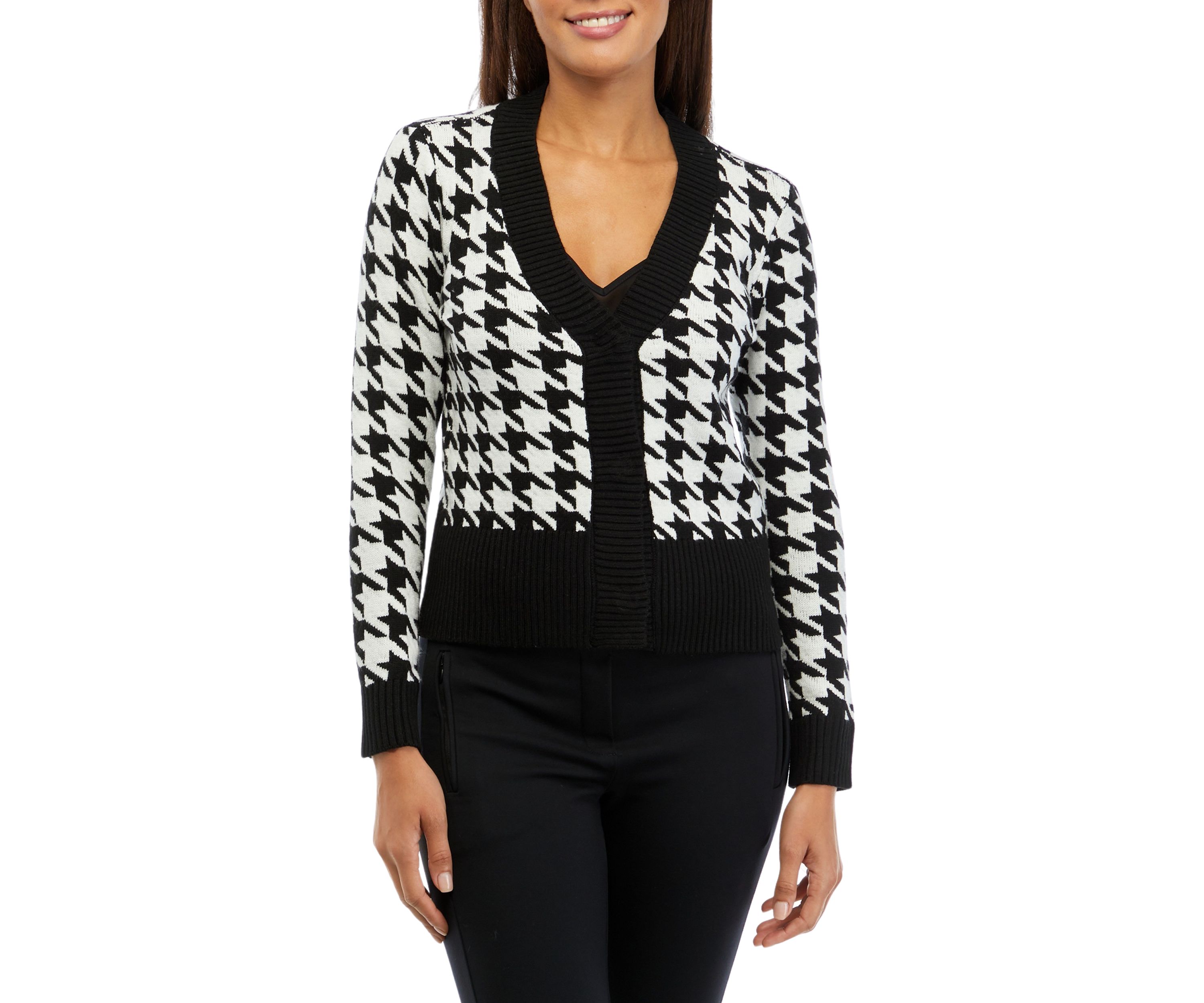 Womens Houndstooth Printed V-Neck Cardigan