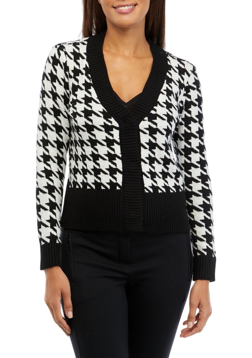 Womens Houndstooth Printed V-Neck Cardigan