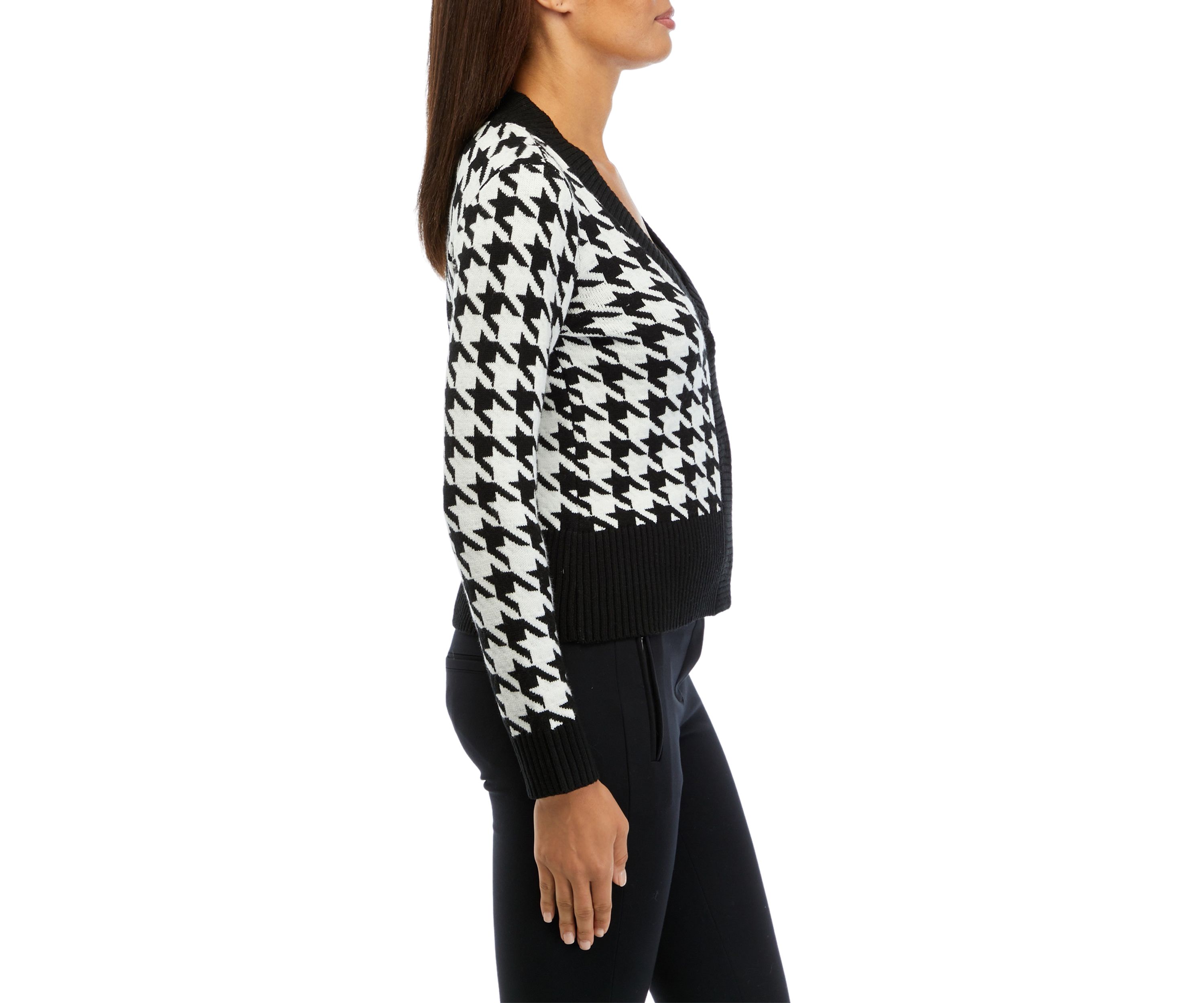Womens Houndstooth Printed V-Neck Cardigan
