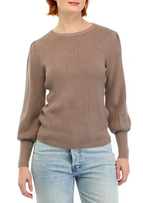 Women's Blouson Sleeve Pointelle Crew Neck Sweater