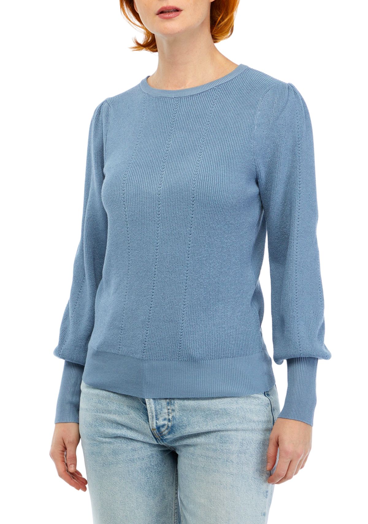 Womens Blouson Sleeve Pointelle Crew Neck Sweater