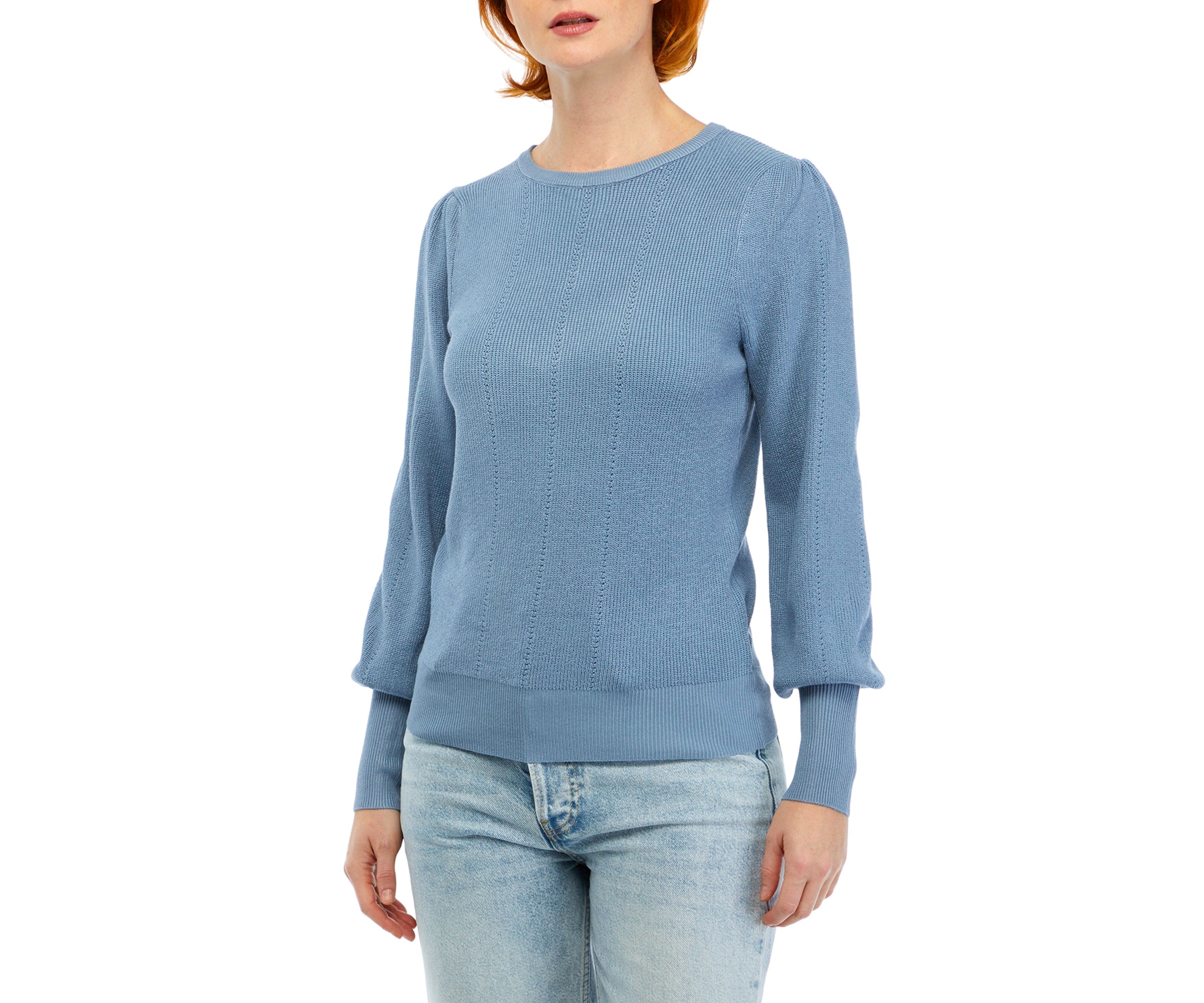 Womens Blouson Sleeve Pointelle Crew Neck Sweater