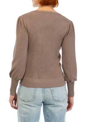 Women's Blouson Sleeve Pointelle Crew Neck Sweater