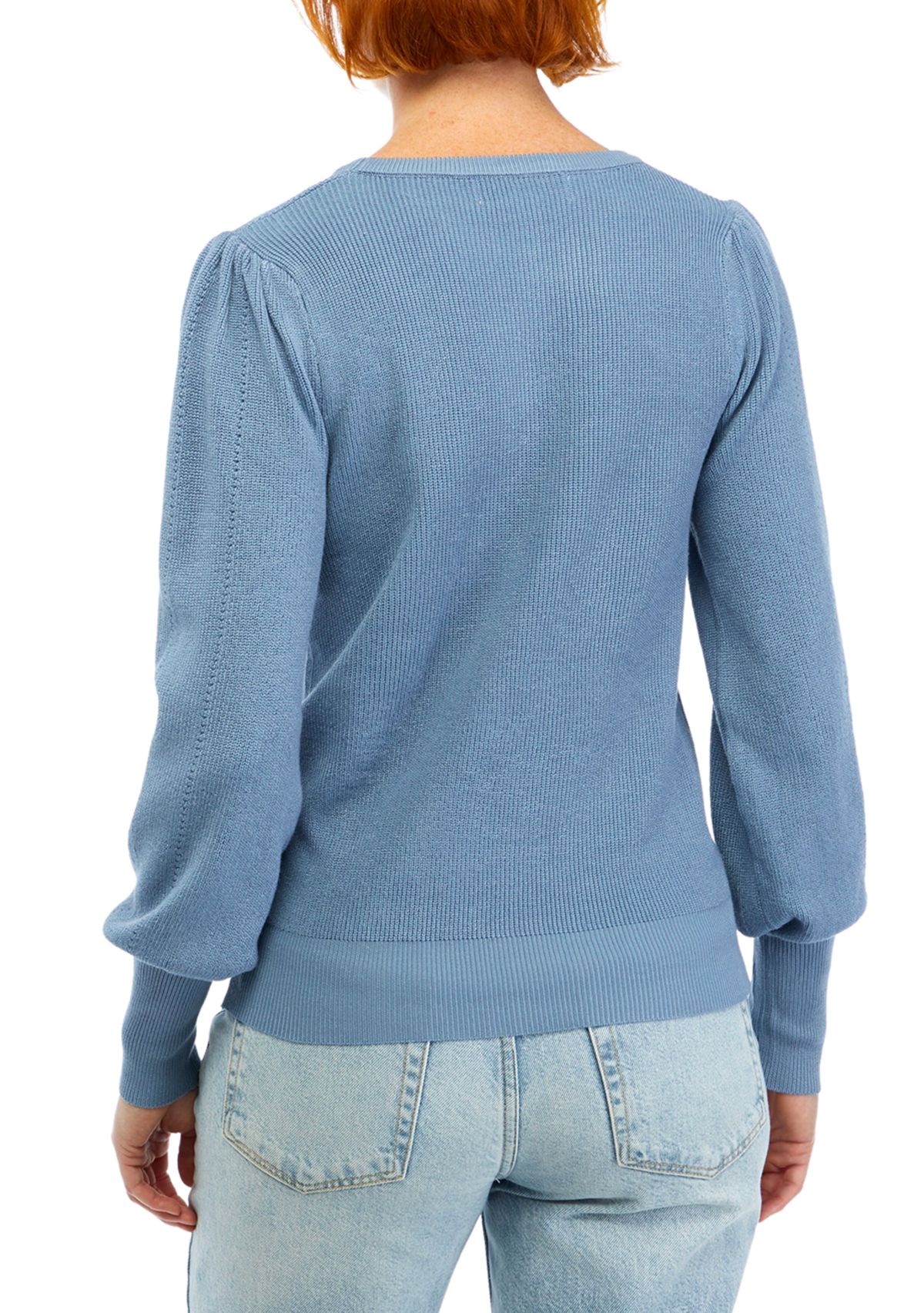 Womens Blouson Sleeve Pointelle Crew Neck Sweater