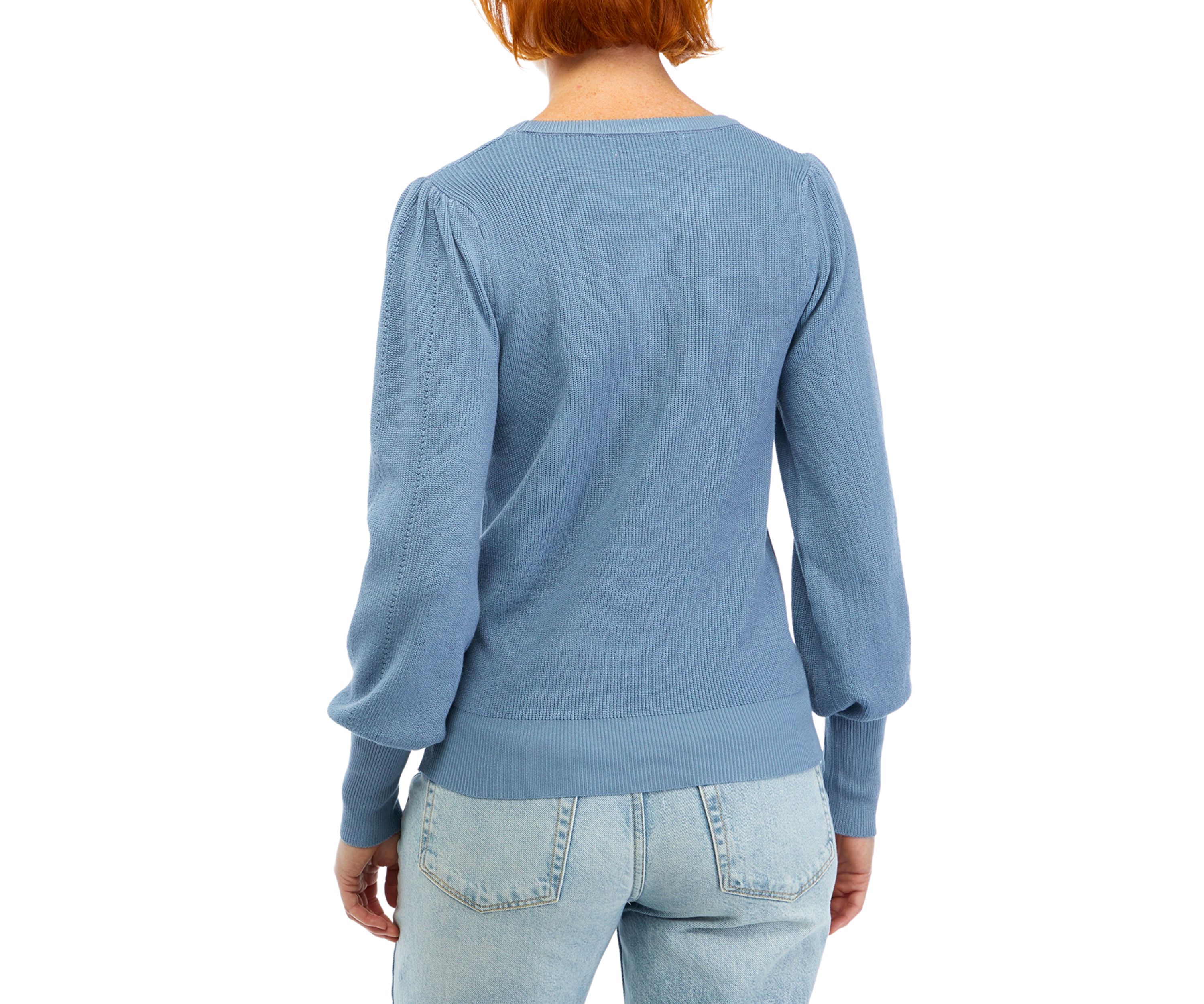 Womens Blouson Sleeve Pointelle Crew Neck Sweater