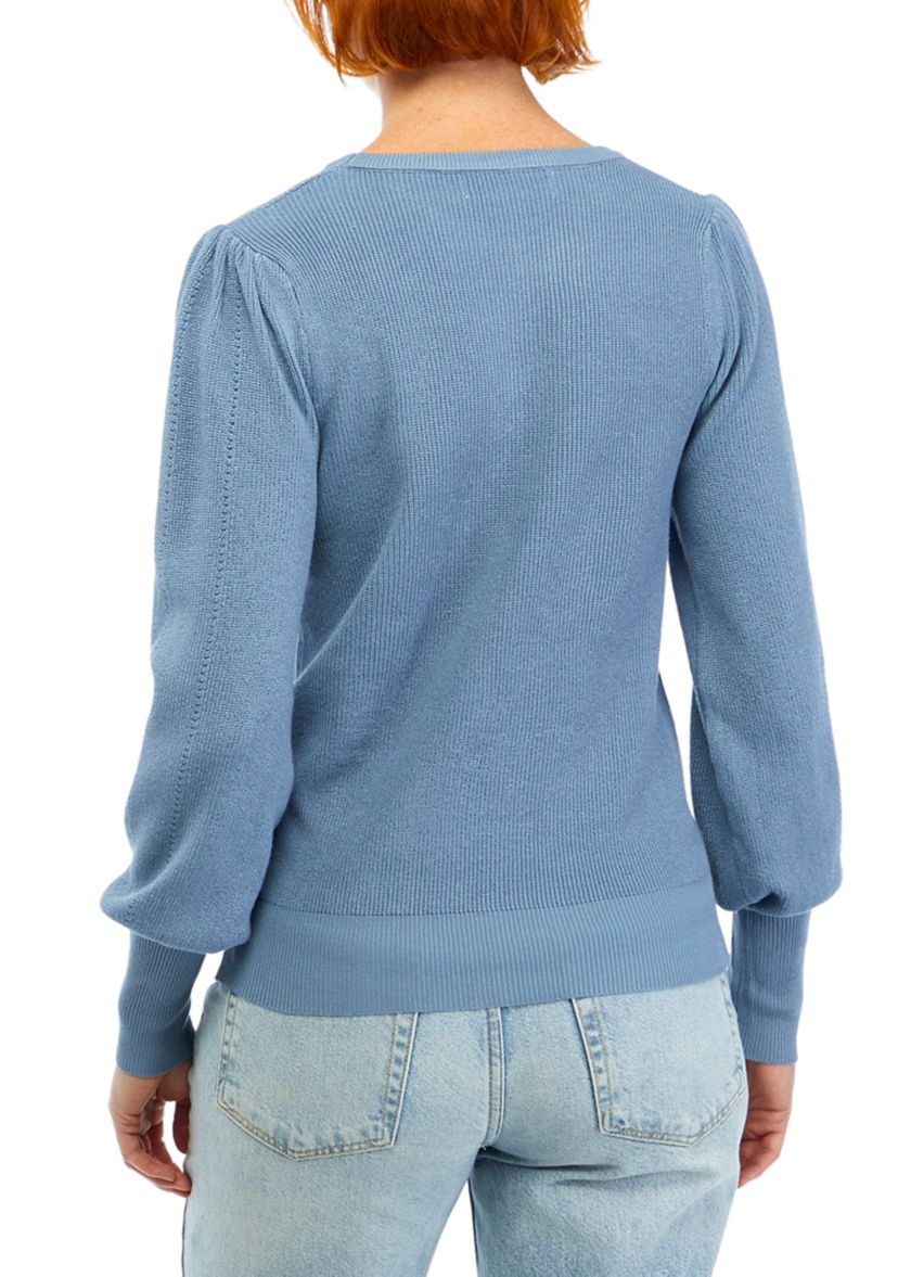 Womens Blouson Sleeve Pointelle Crew Neck Sweater