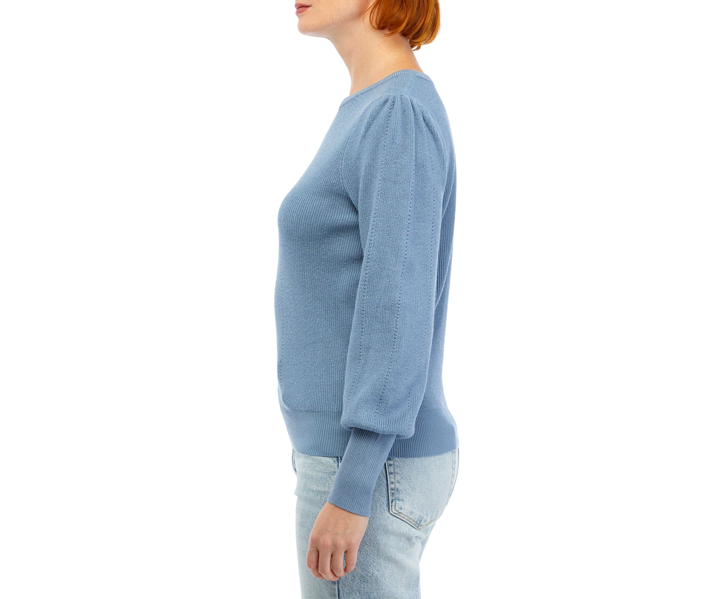 Womens Blouson Sleeve Pointelle Crew Neck Sweater