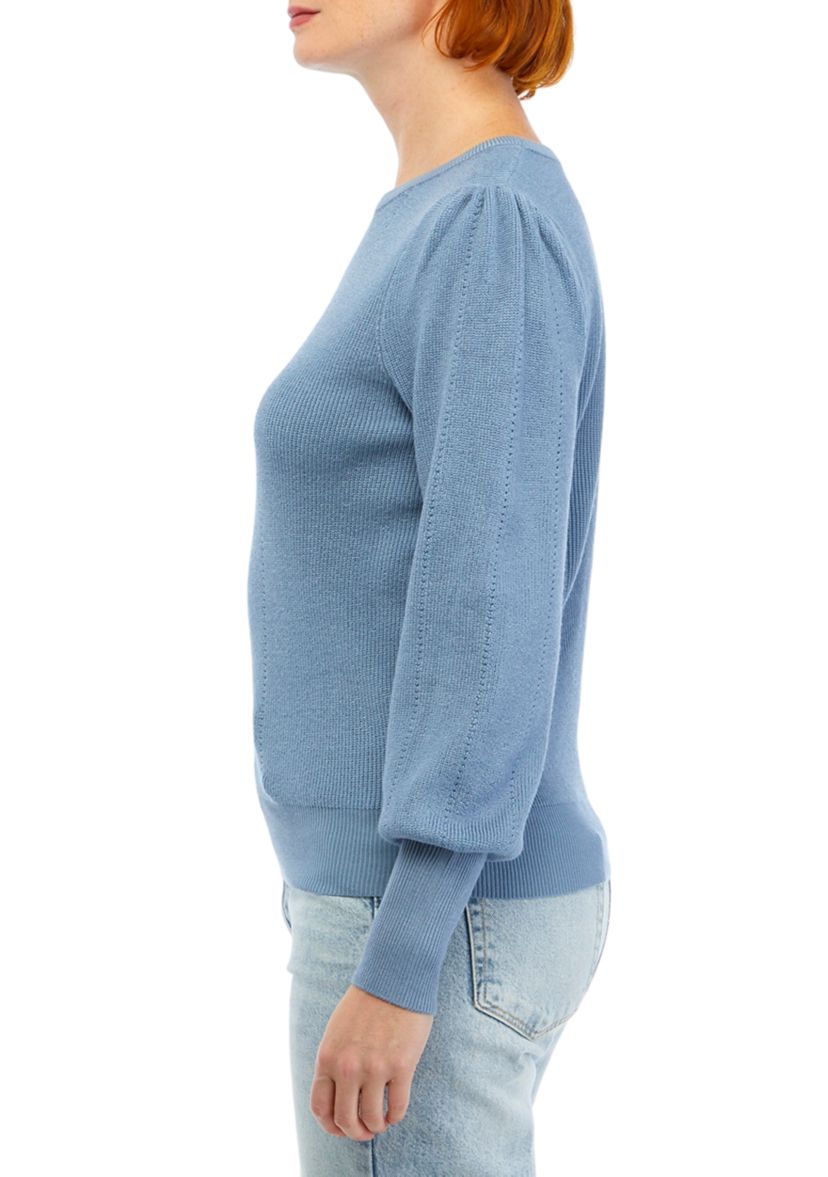 Womens Blouson Sleeve Pointelle Crew Neck Sweater
