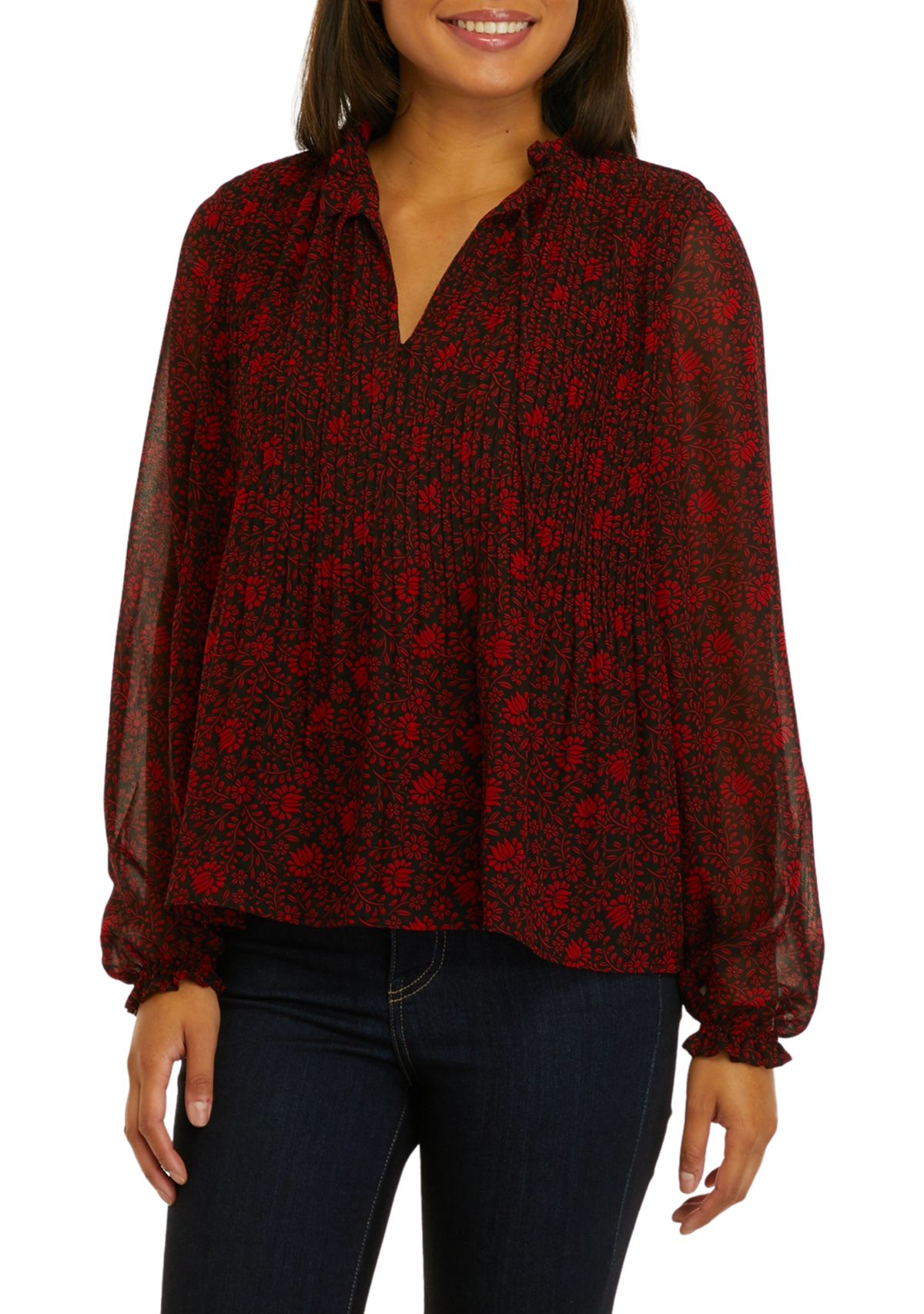 Womens Long Sleeve Pleat Front Floral Blouse