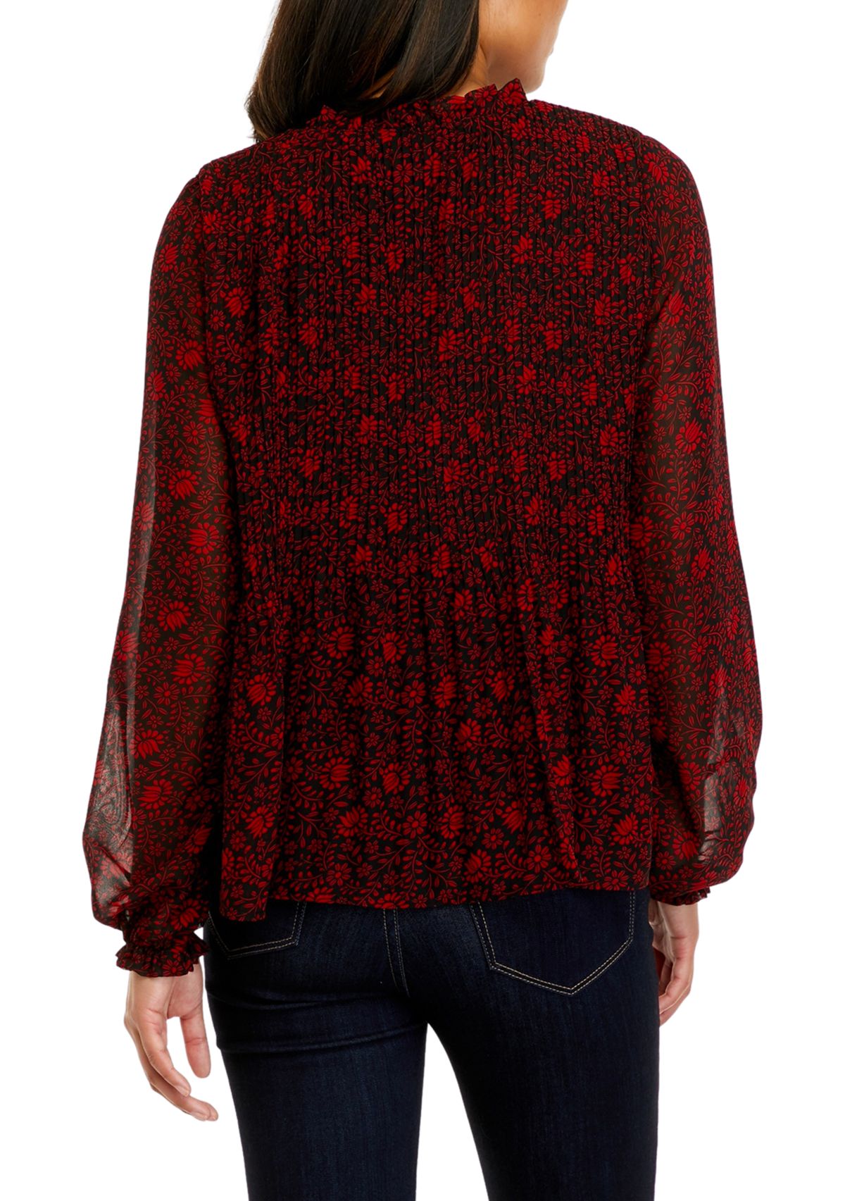 Womens Long Sleeve Pleat Front Floral Blouse