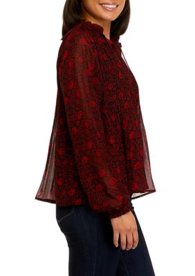 Women's Long Sleeve Pleat Front Floral Blouse