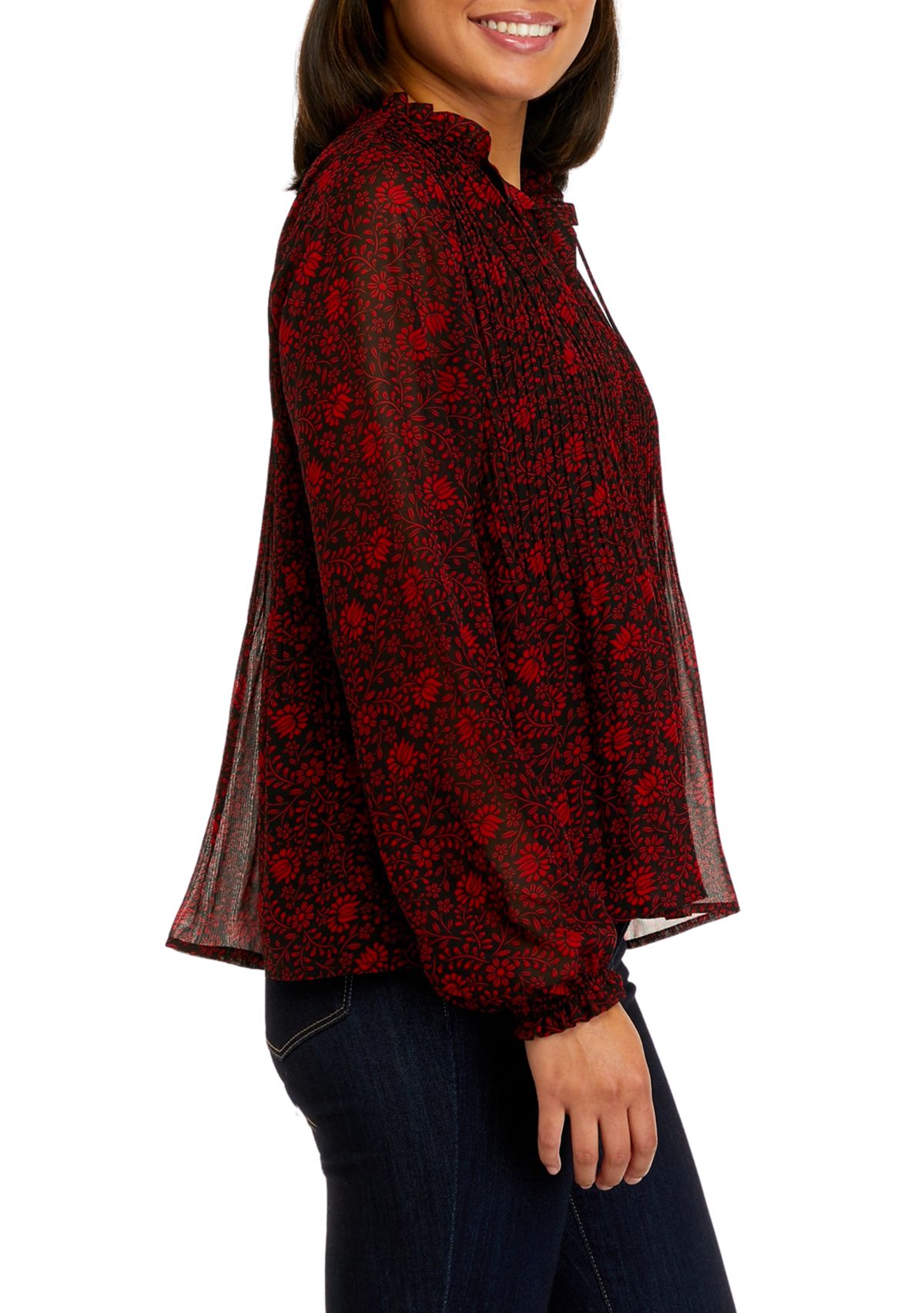 Womens Long Sleeve Pleat Front Floral Blouse