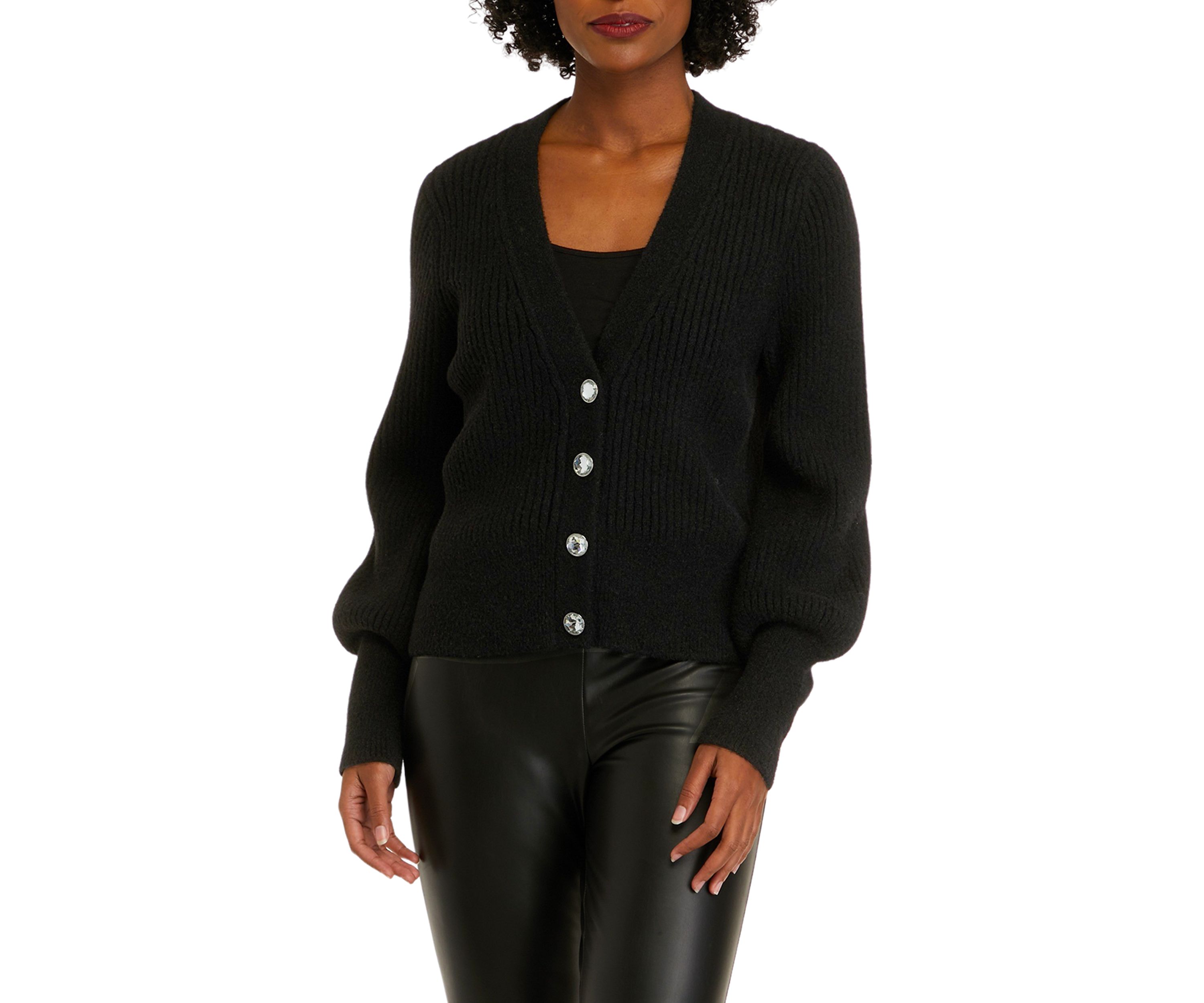 Womens Long Sleeve Crystal Button Rib Cardigan Sweater