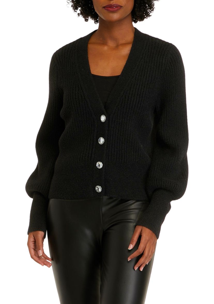 Womens Long Sleeve Crystal Button Rib Cardigan Sweater