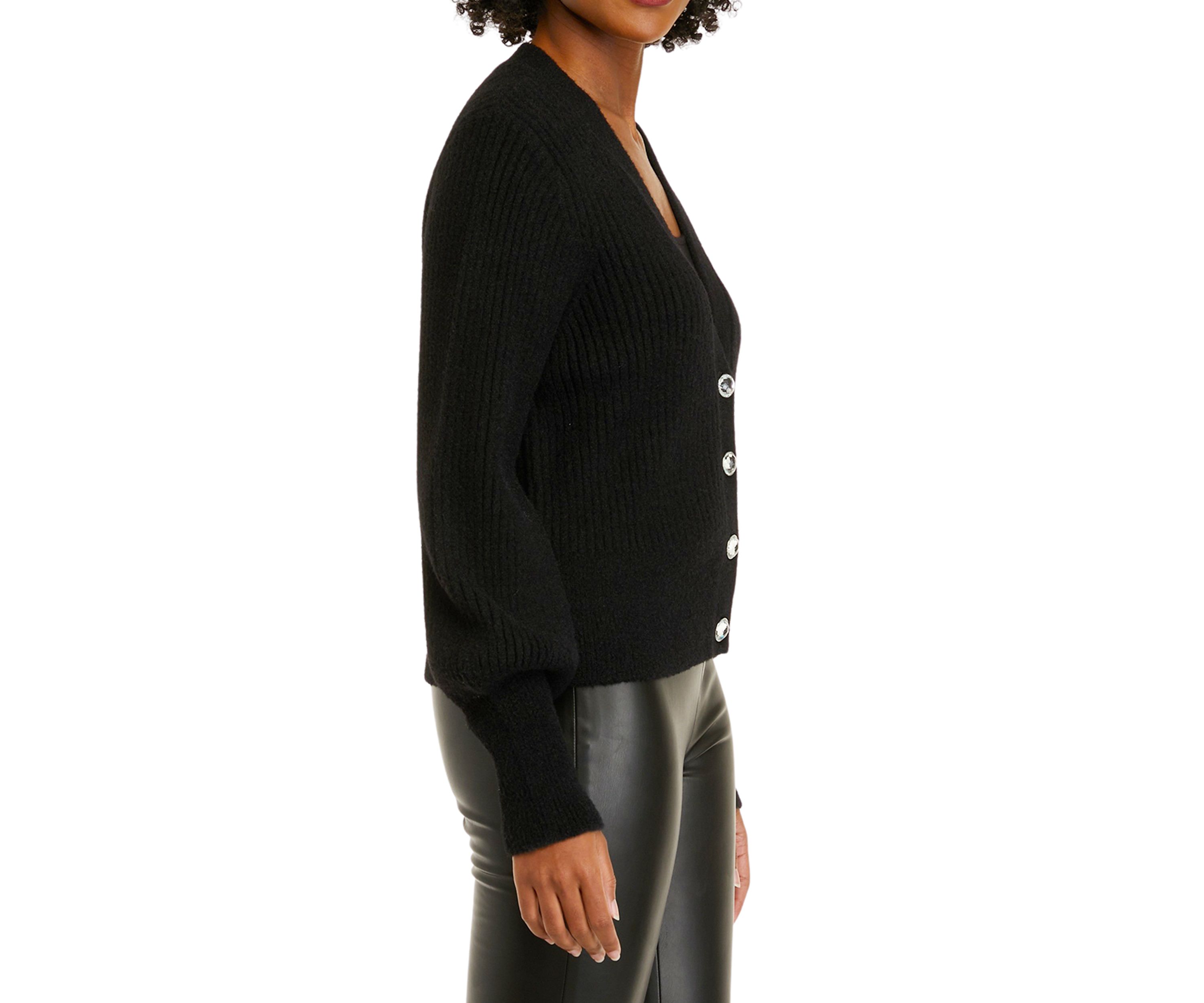 Womens Long Sleeve Crystal Button Rib Cardigan Sweater