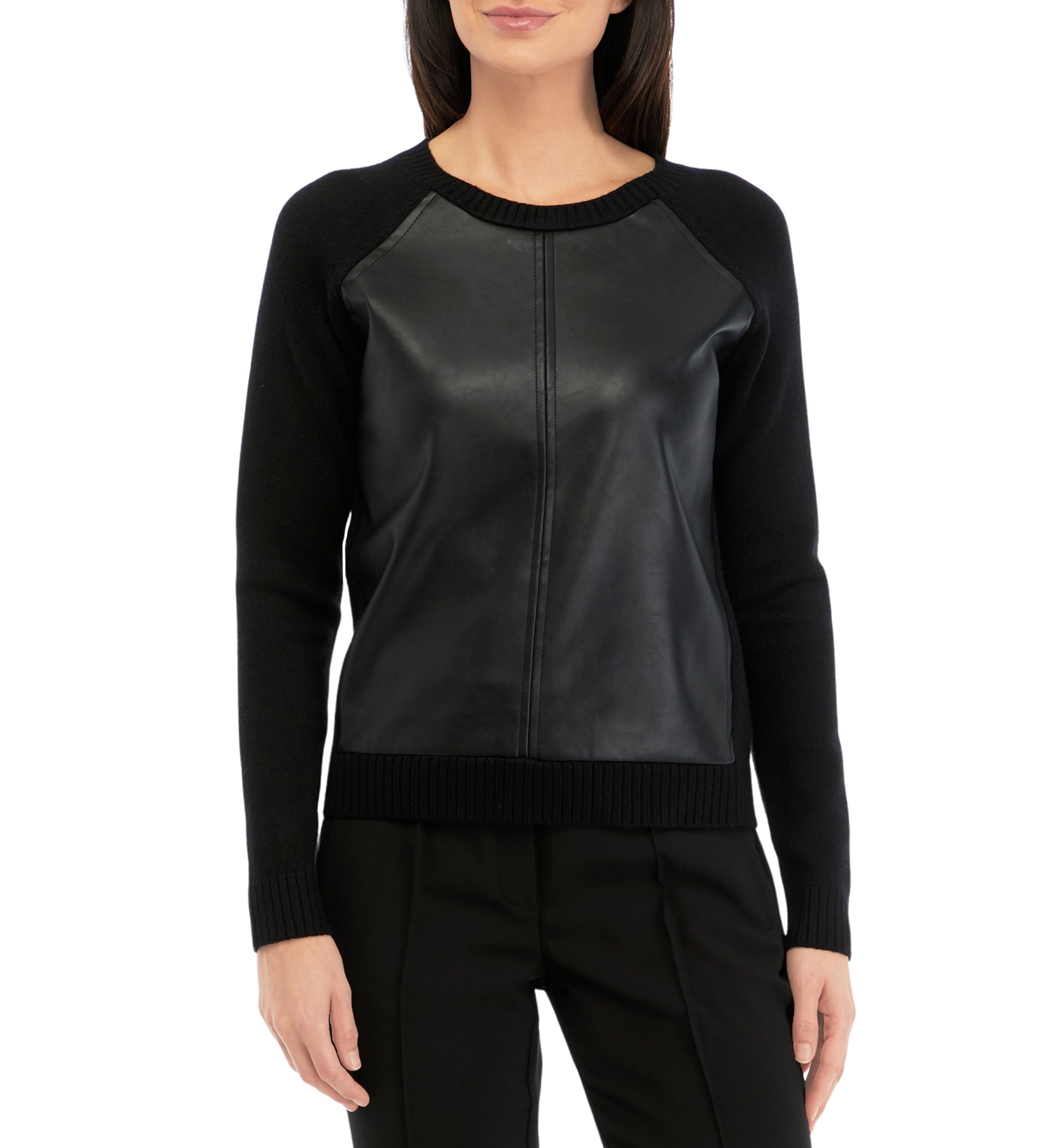 Womens Long Sleeve Vegan Leather Front Sweater