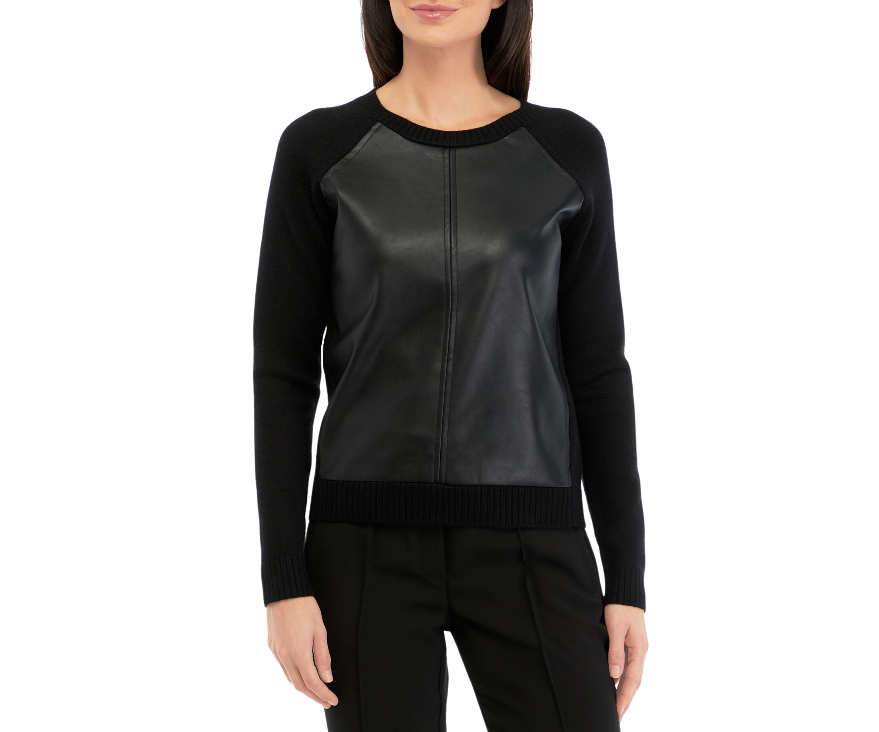 Womens Long Sleeve Vegan Leather Front Sweater