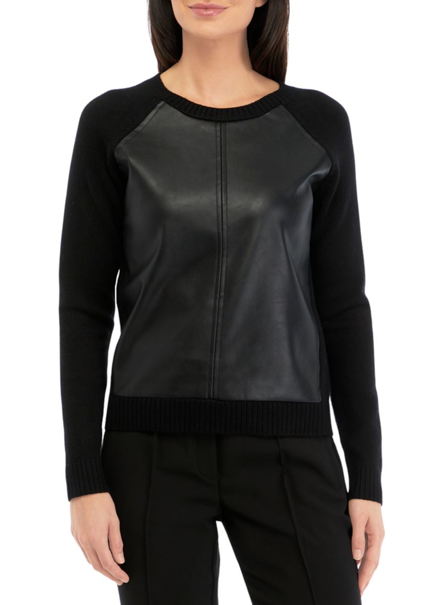 Womens Long Sleeve Vegan Leather Front Sweater