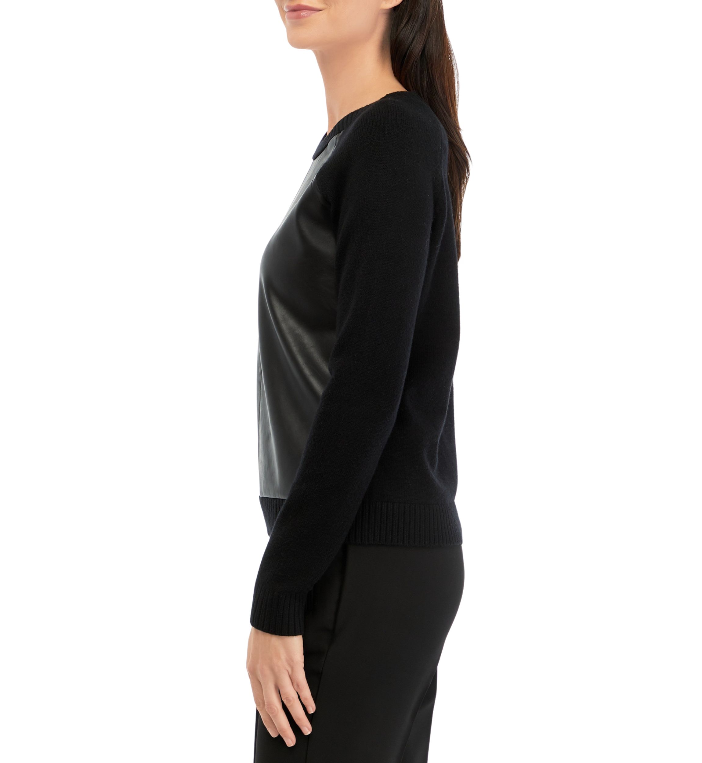 Womens Long Sleeve Vegan Leather Front Sweater