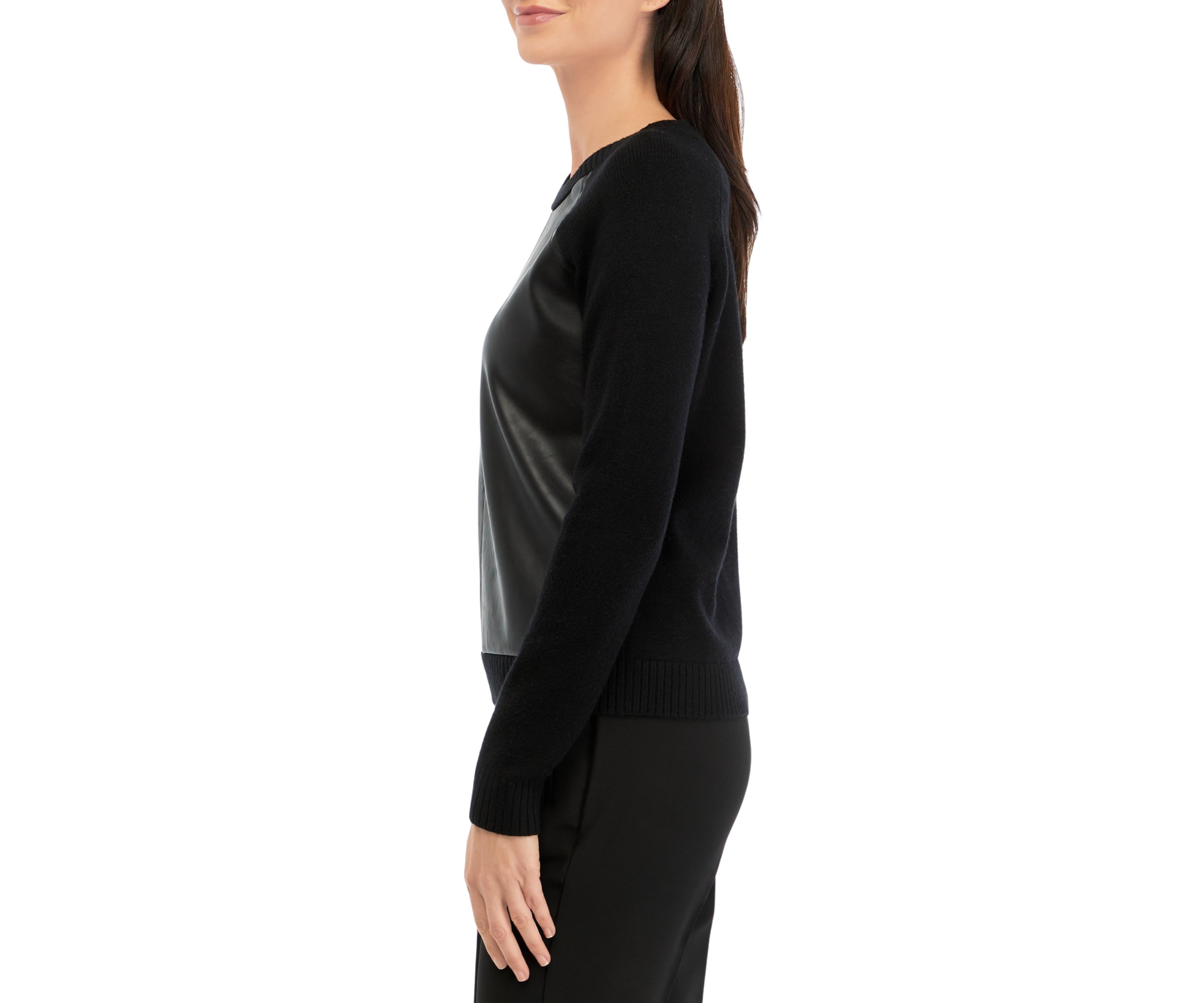 Womens Long Sleeve Vegan Leather Front Sweater