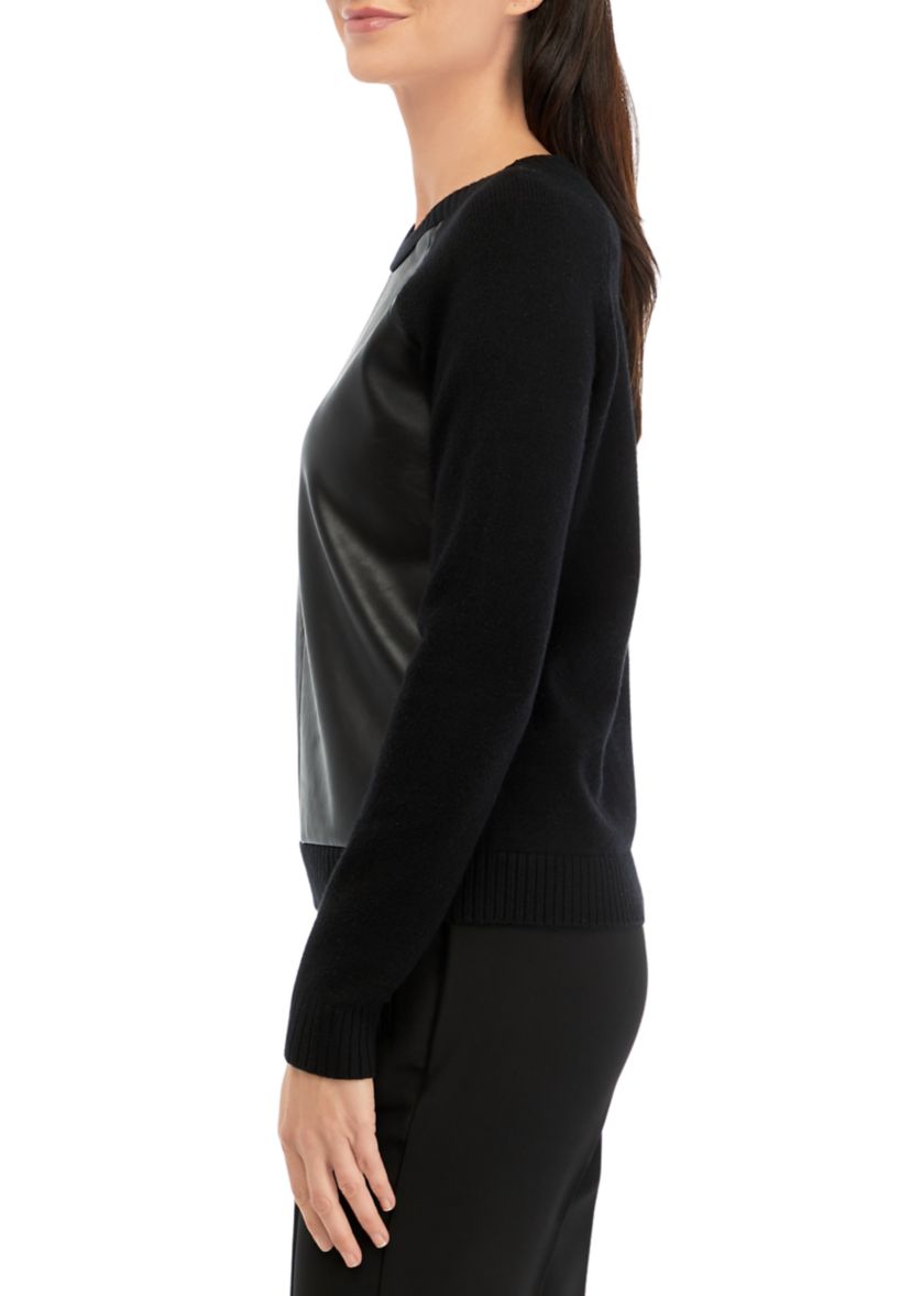 Womens Long Sleeve Vegan Leather Front Sweater
