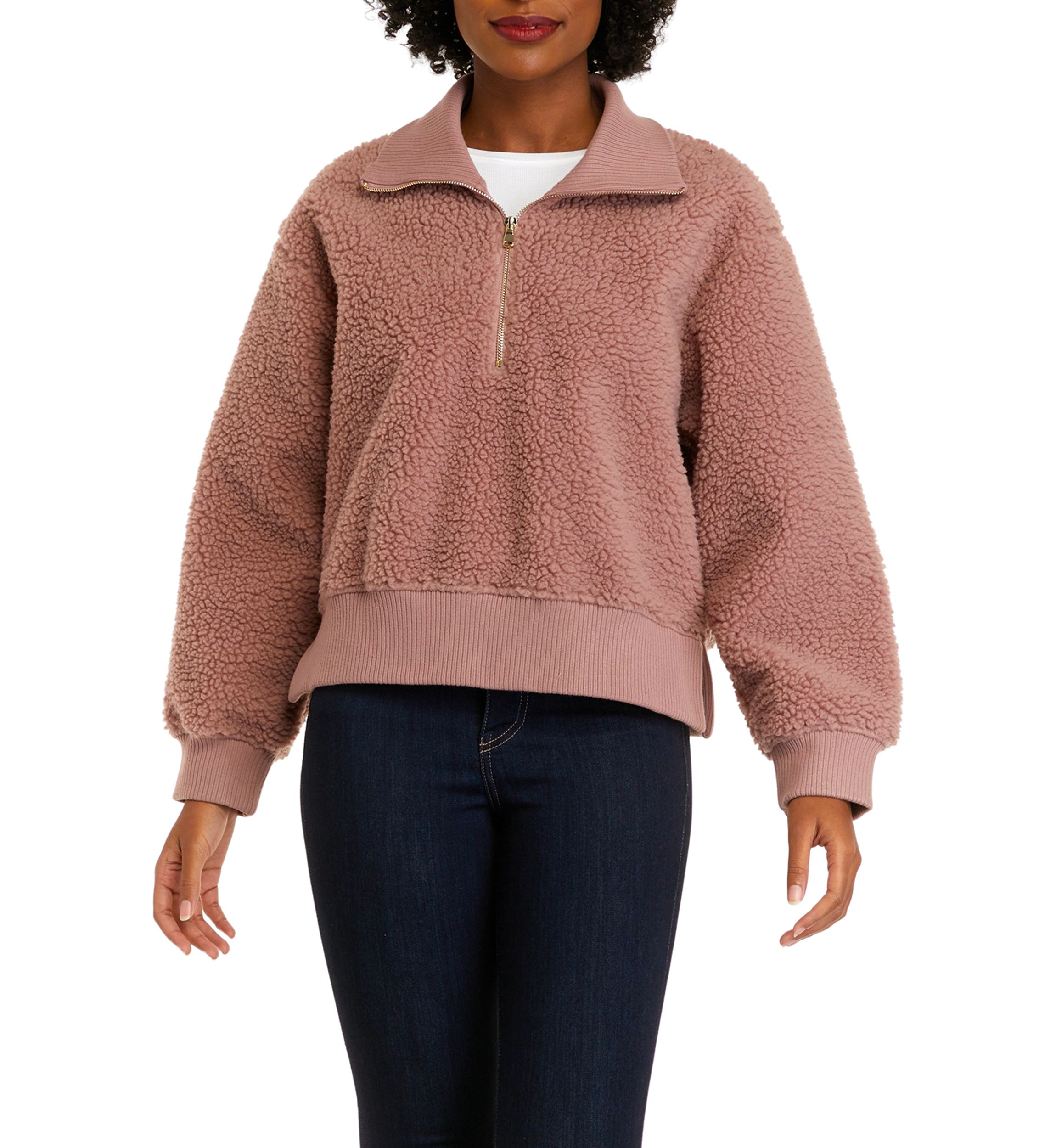 Womens Long Sleeve Quarter Zip Sherpa Pullover Jacket