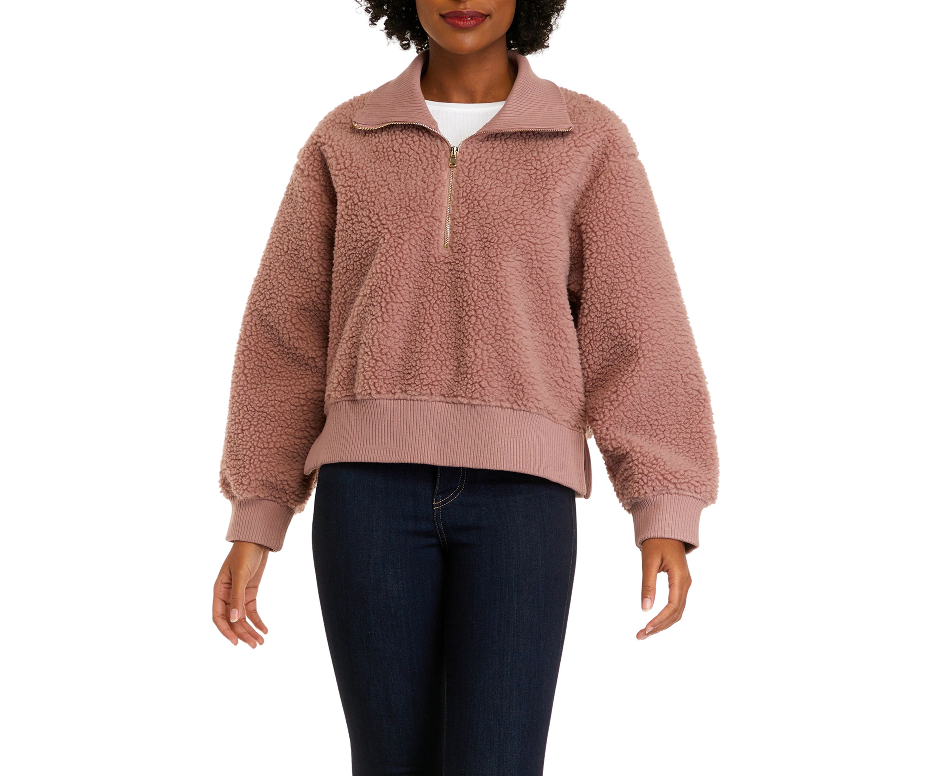Womens Long Sleeve Quarter Zip Sherpa Pullover Jacket