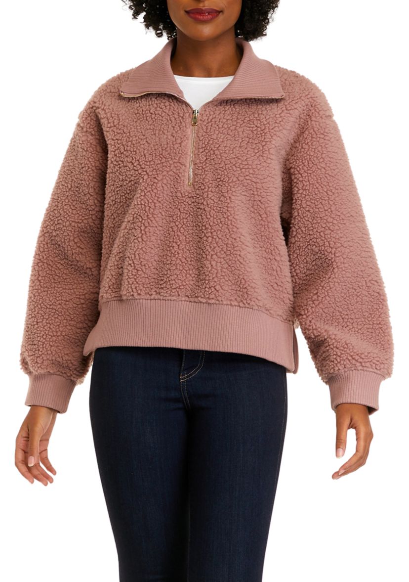 Womens Long Sleeve Quarter Zip Sherpa Pullover Jacket