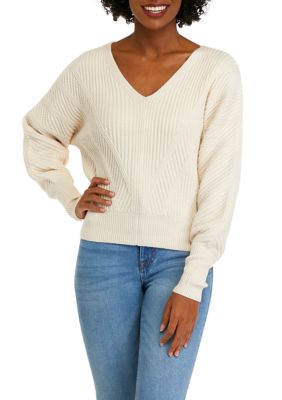 Women's Long Sleeve Mitered Rib V-Neck Dolman Sweater