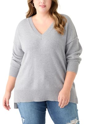 PHILOSOPHY BY REPUBLIC Women's Plus Size Long Sleeve V-Neck Pullover with High/Low Hem, Grey, 1X