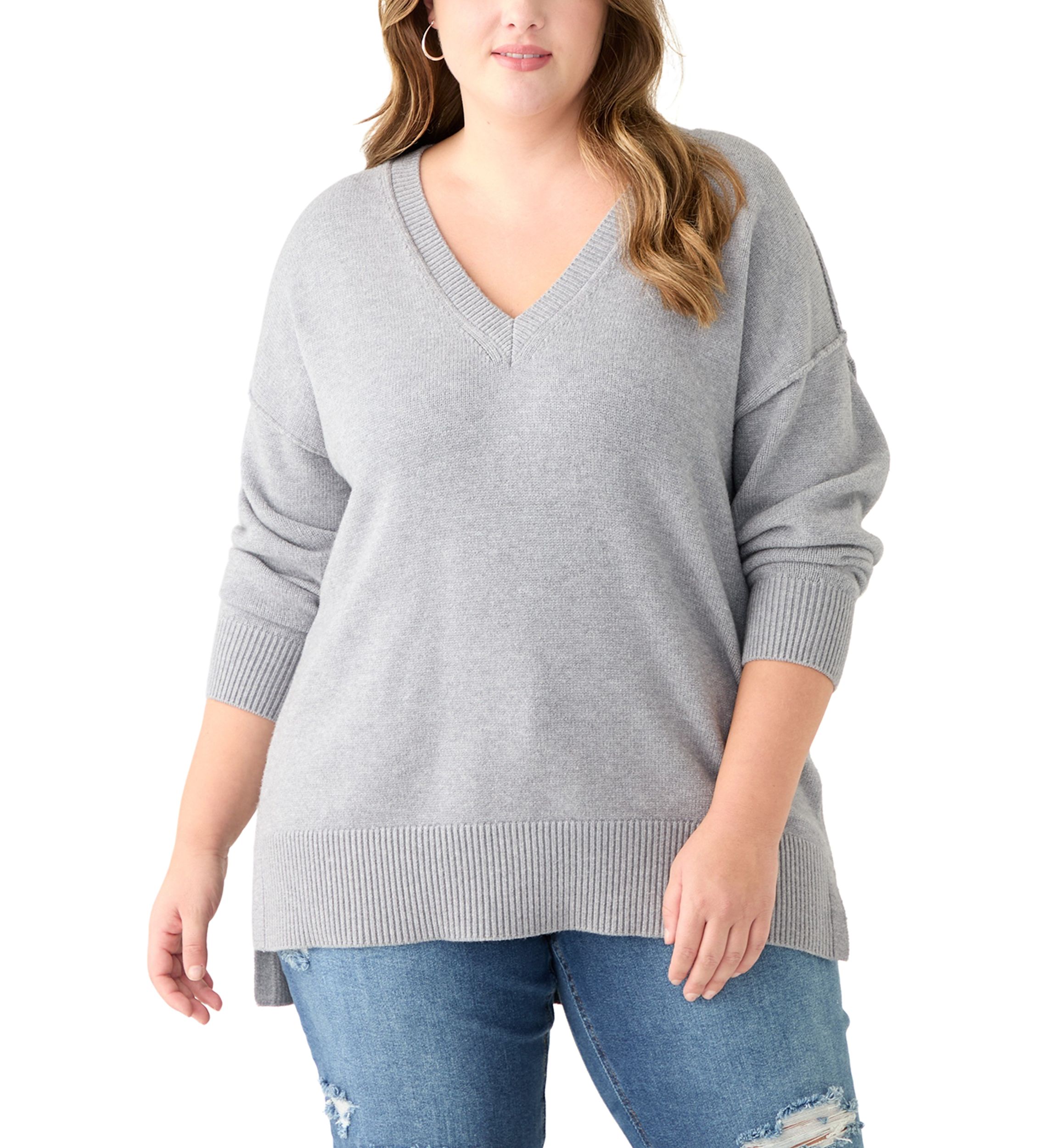 Plus Size Long Sleeve V-Neck Pullover with High/Low Hem 