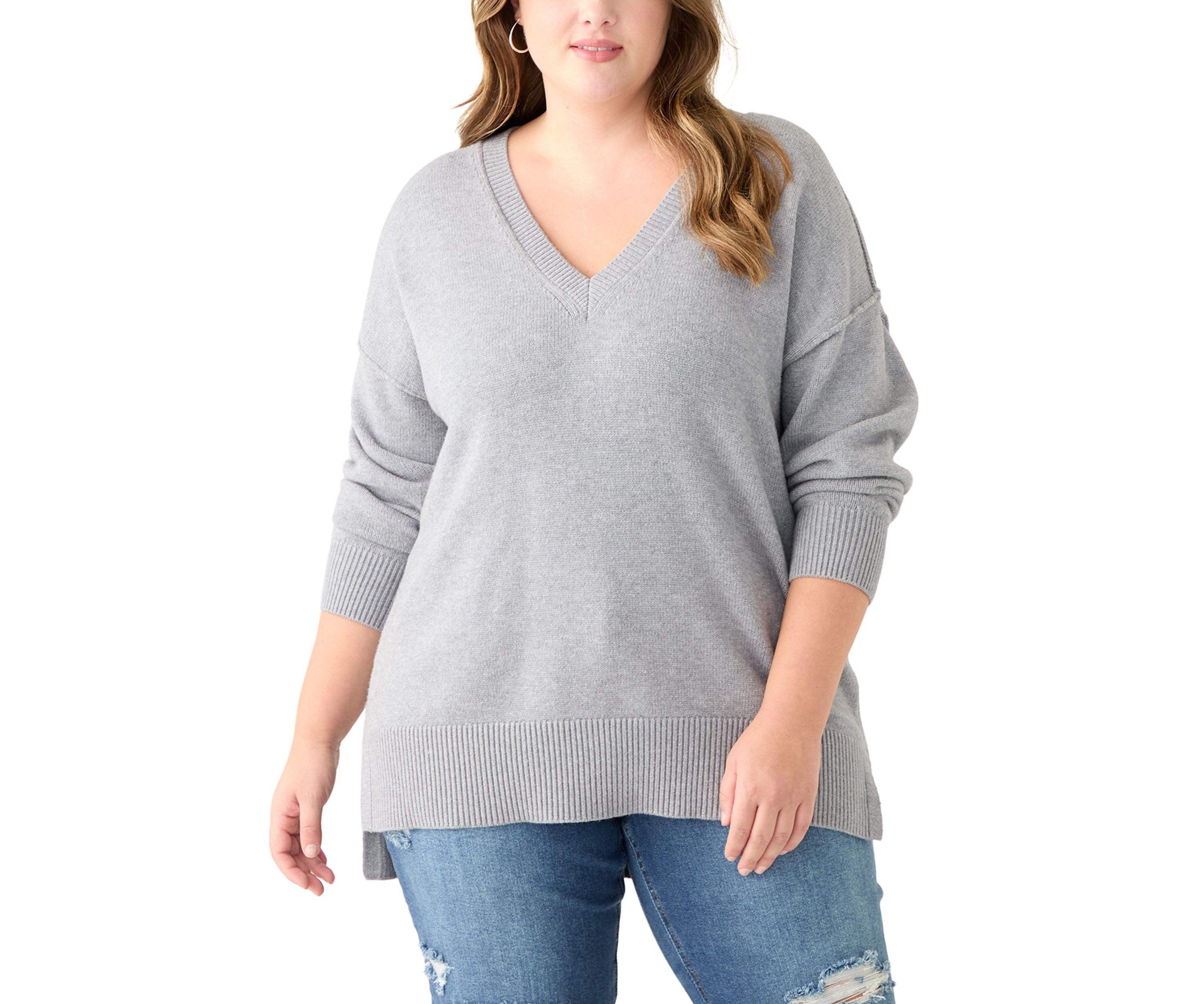 Plus Size Long Sleeve V-Neck Pullover with High/Low Hem 