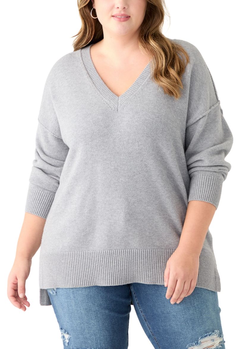 Plus Size Long Sleeve V-Neck Pullover with High/Low Hem 