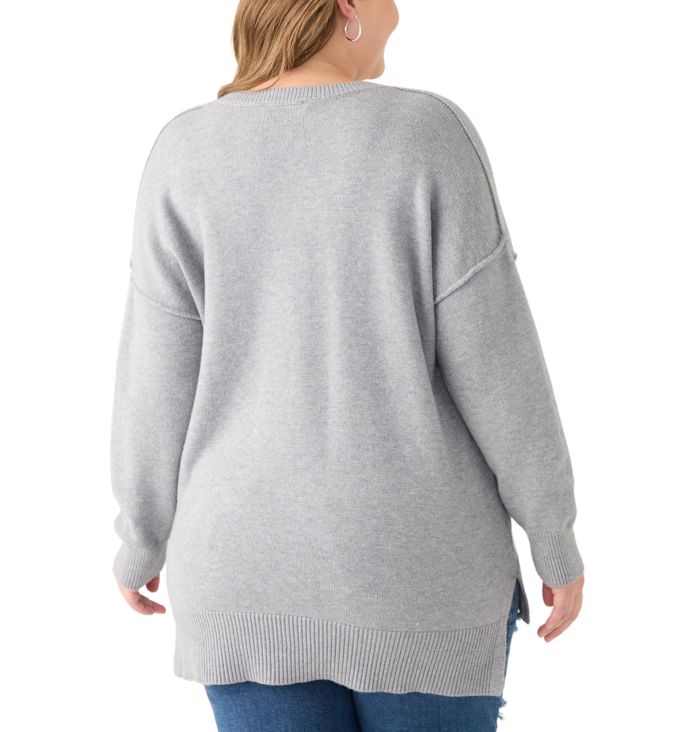 Plus Size Long Sleeve V-Neck Pullover with High/Low Hem 
