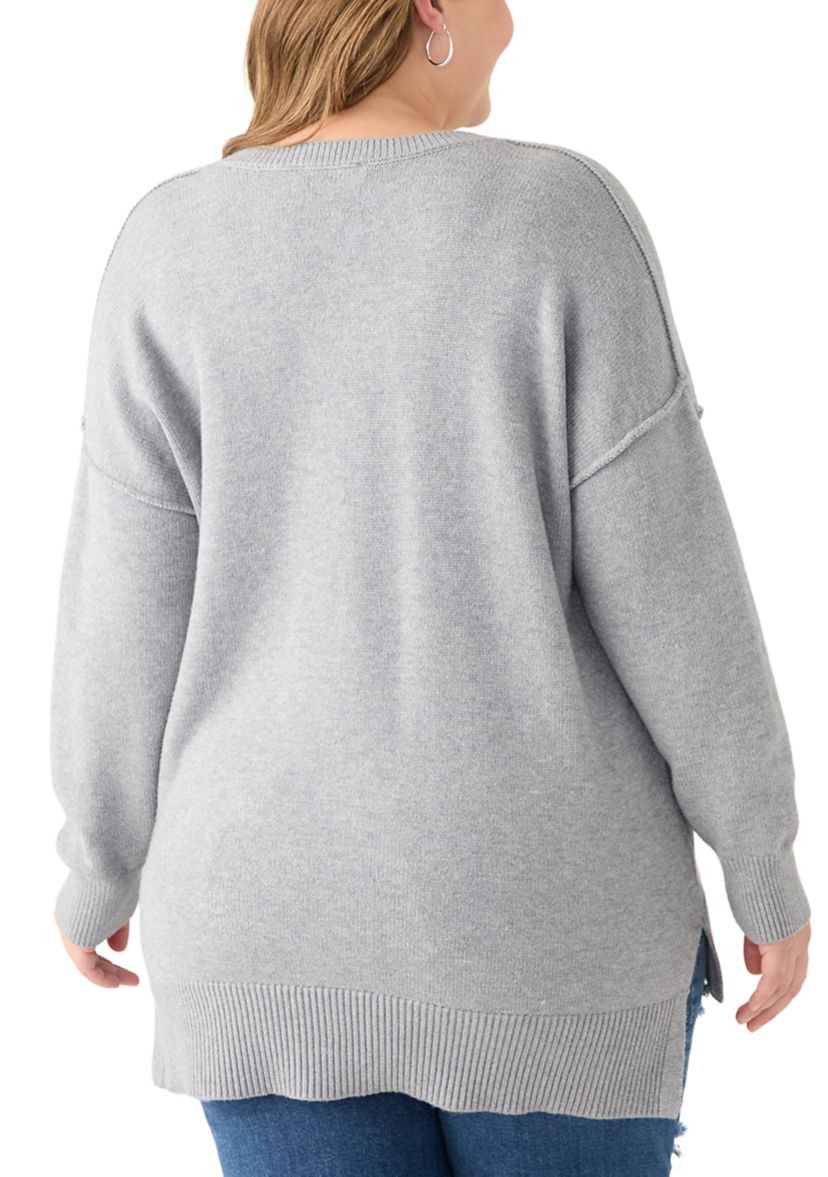 Plus Size Long Sleeve V-Neck Pullover with High/Low Hem 