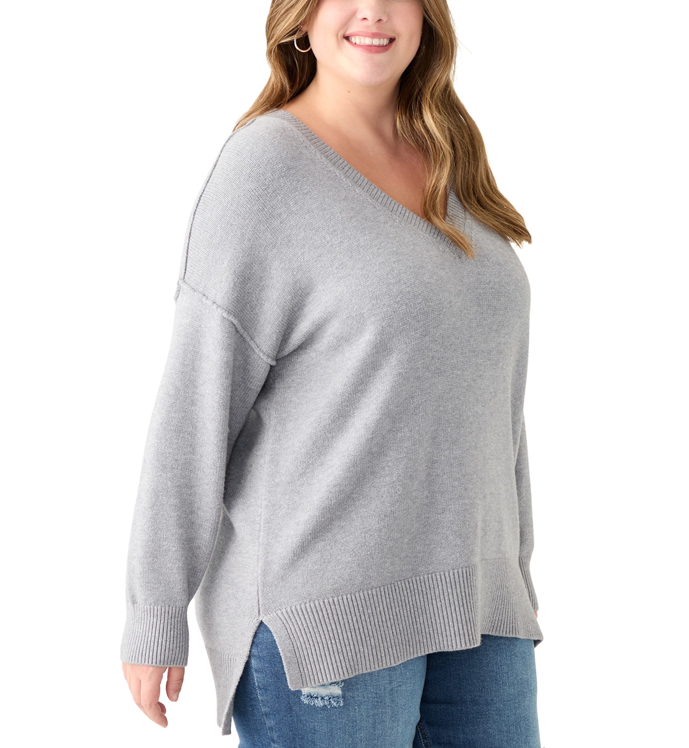 Plus Size Long Sleeve V-Neck Pullover with High/Low Hem 