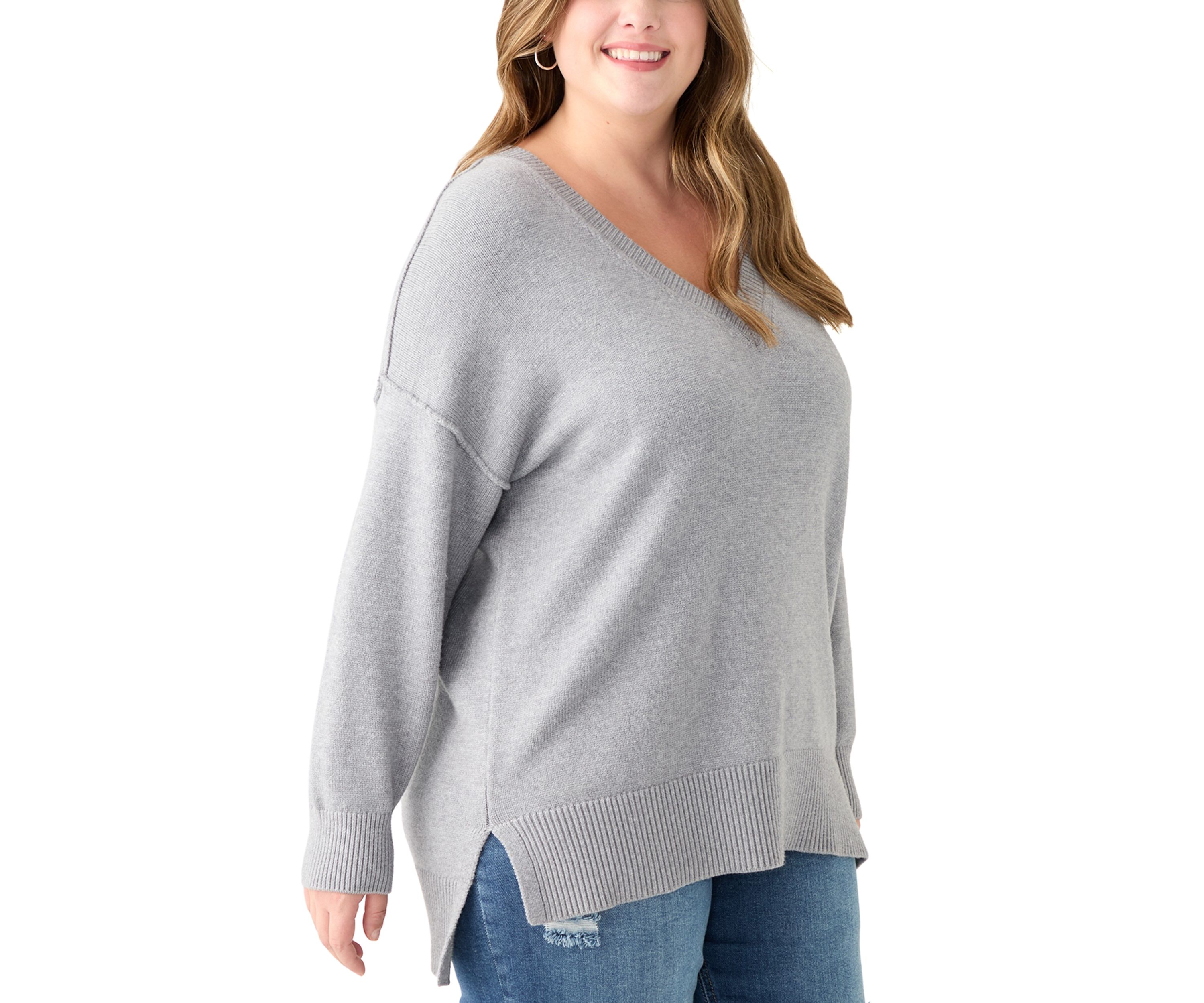 Plus Size Long Sleeve V-Neck Pullover with High/Low Hem 