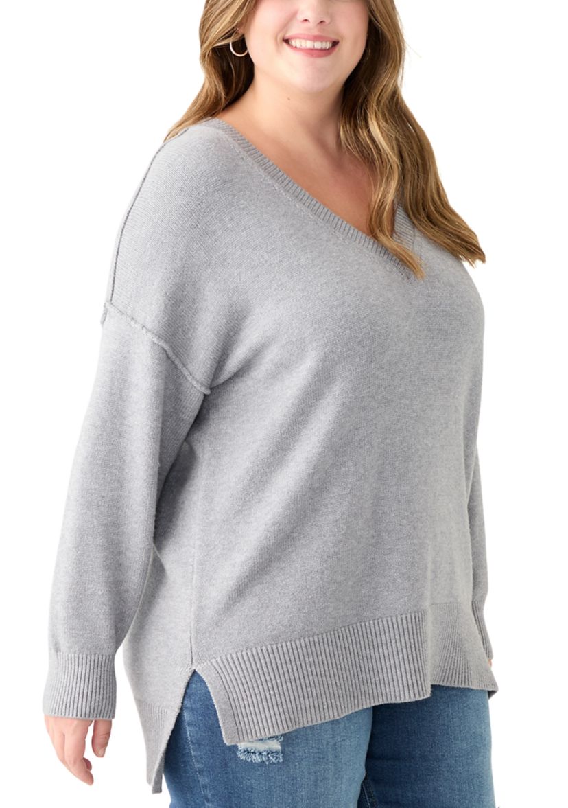 Plus Size Long Sleeve V-Neck Pullover with High/Low Hem 