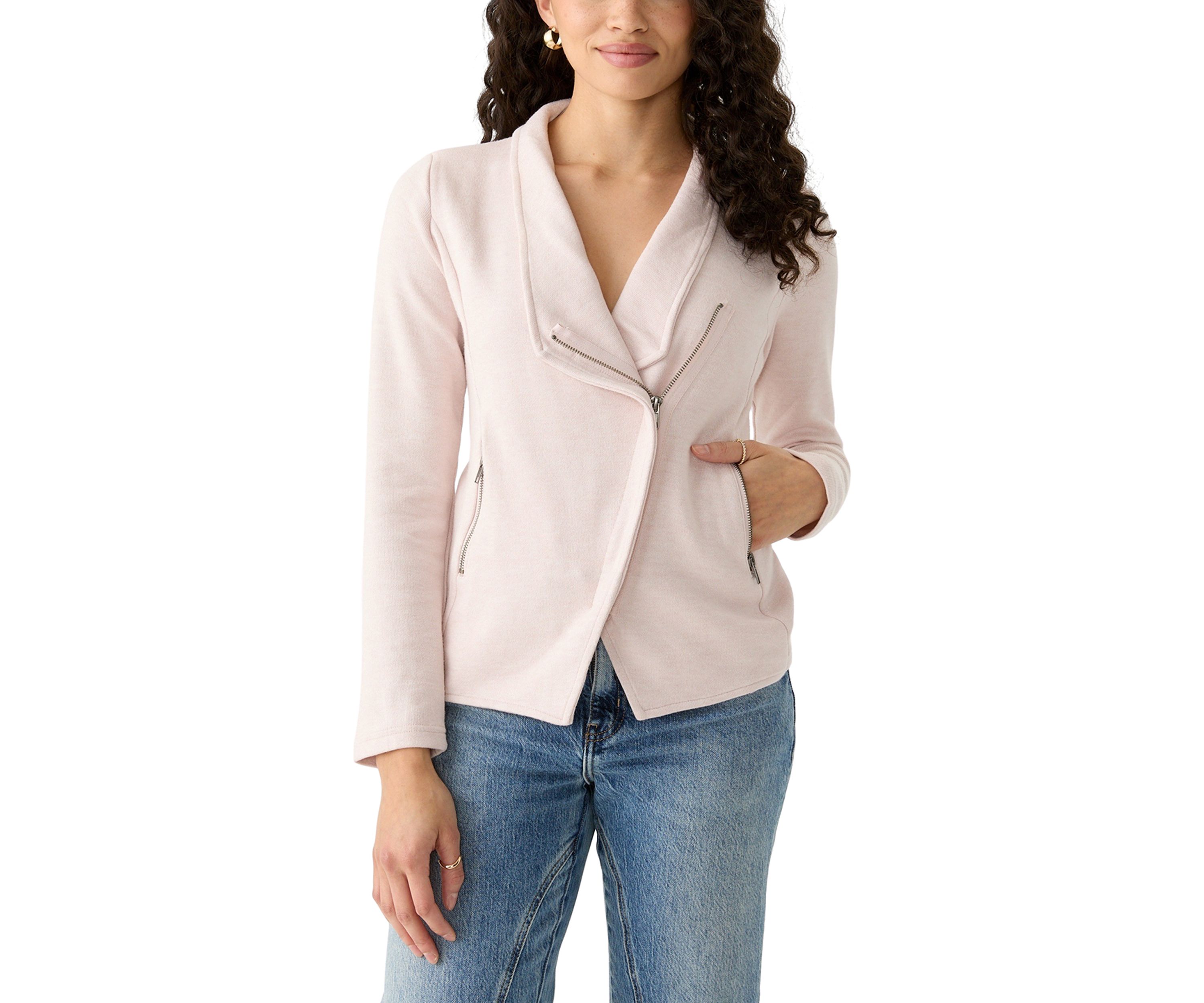 Petite Long Sleeve Open Front Moto Jacket with Zipper Pockets