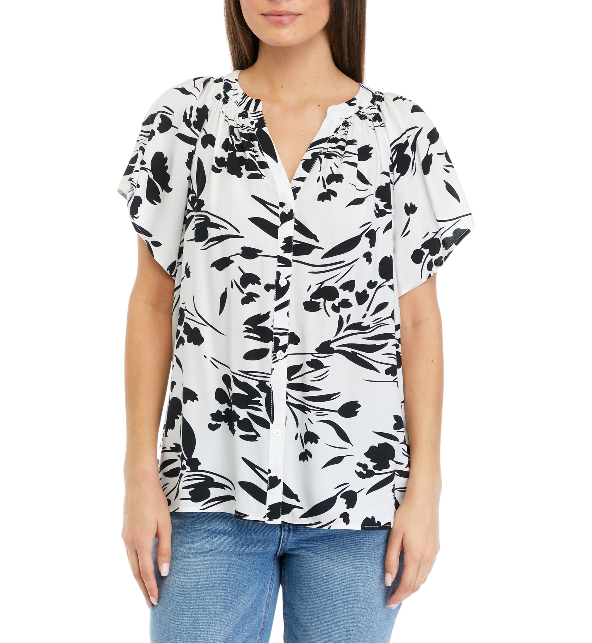 Petite Short Sleeve Floral Button Down Shirt