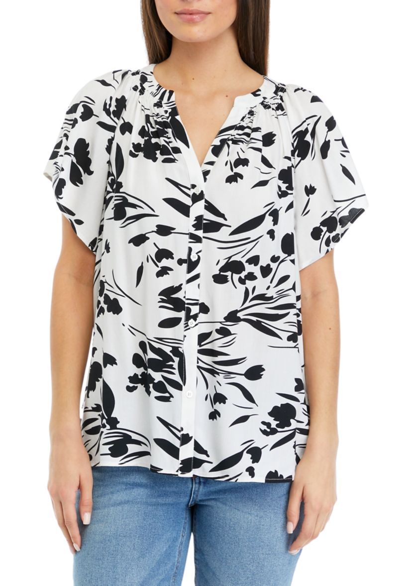 Petite Short Sleeve Floral Button Down Shirt