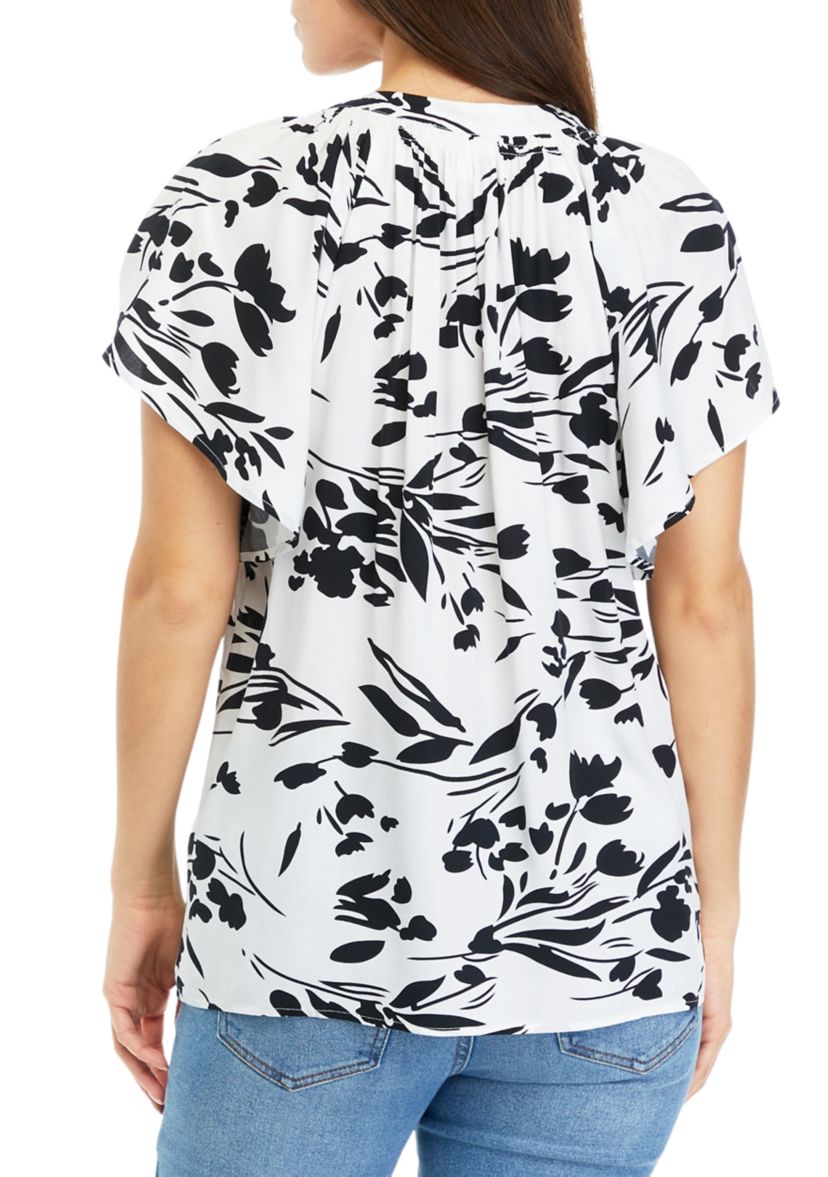 Petite Short Sleeve Floral Button Down Shirt