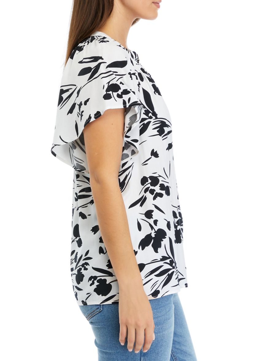 Petite Short Sleeve Floral Button Down Shirt