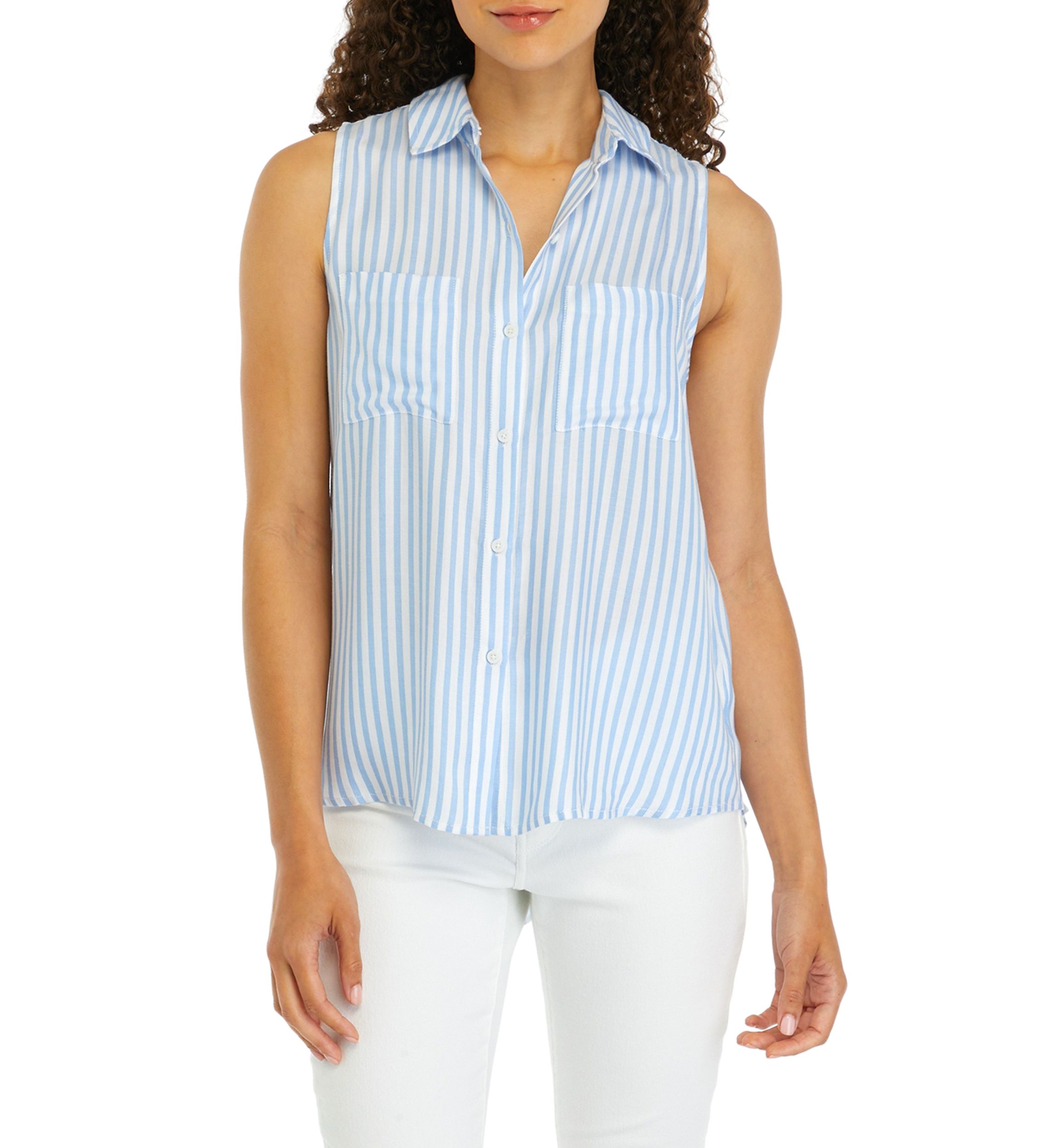 Petite Sleeveless Button Up Collared Blouse
