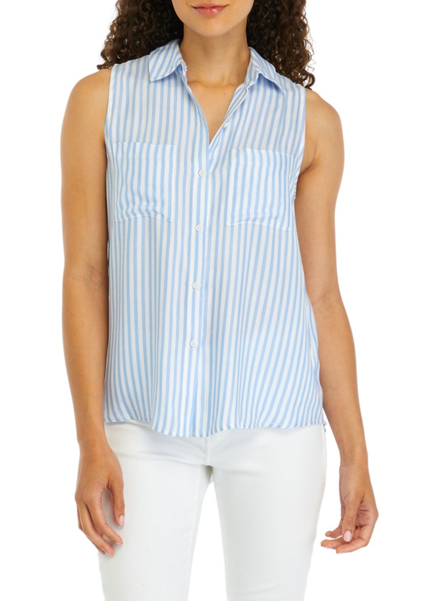 Petite Sleeveless Button Up Collared Blouse