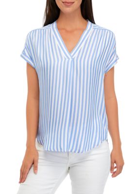 Women's Extended Shoulder Cuffed V-Neck Placket Shirt with Shirring Details