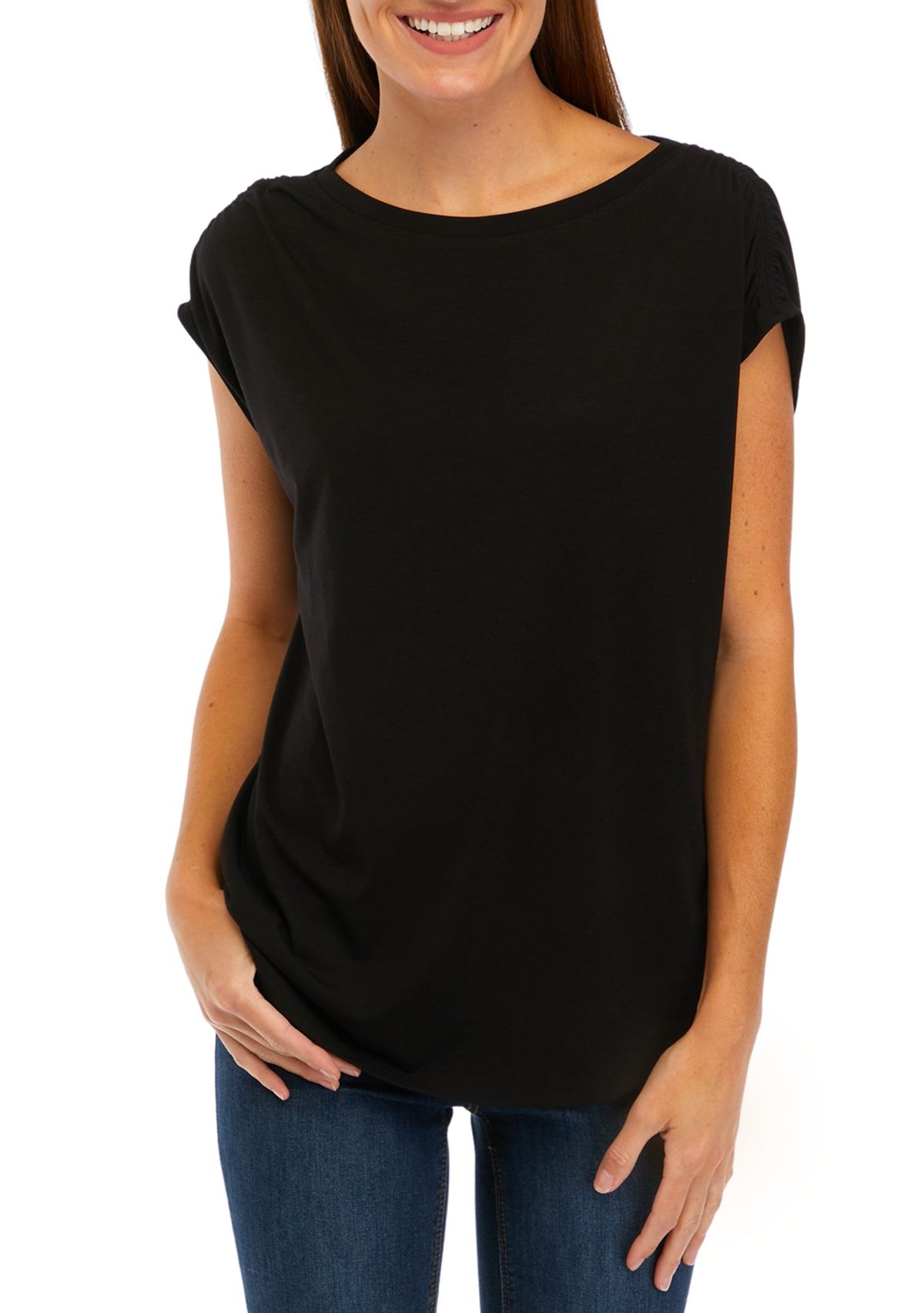 Womens Ruched Sleeve Solid Knit Top