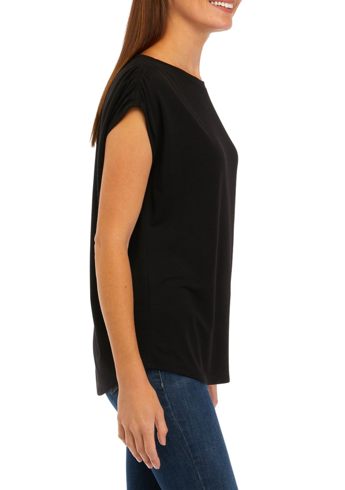 Womens Ruched Sleeve Solid Knit Top