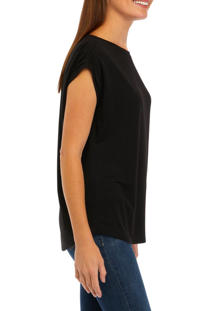 Womens Ruched Sleeve Solid Knit Top