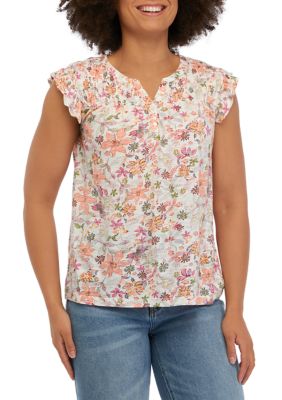 Women's Short Ruffle Sleeve Printed Top with Shirring Details